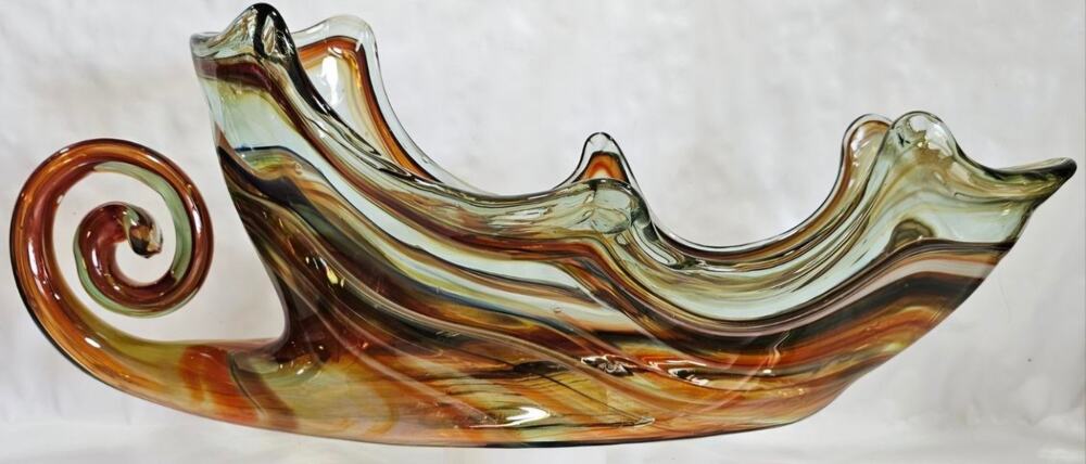 Vtg 1960’s MCM Sooner Hand Blown Art Slag Glass Bowl Amber Swirl 16" Long